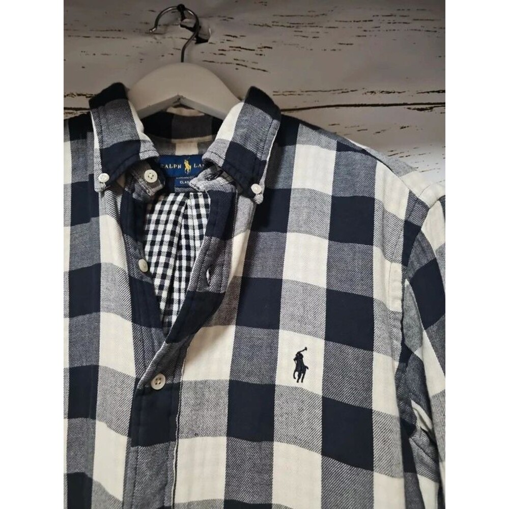 Polo Ralph Lauren Flannel Shirt Mens M Black Cream Buffalo Check Classic Fit